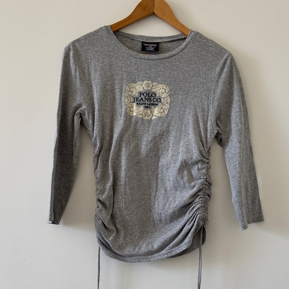 Y2K Polo Jeans Co Ralph Lauren Ruched Logo Long Sleeve Tee Gray Size M